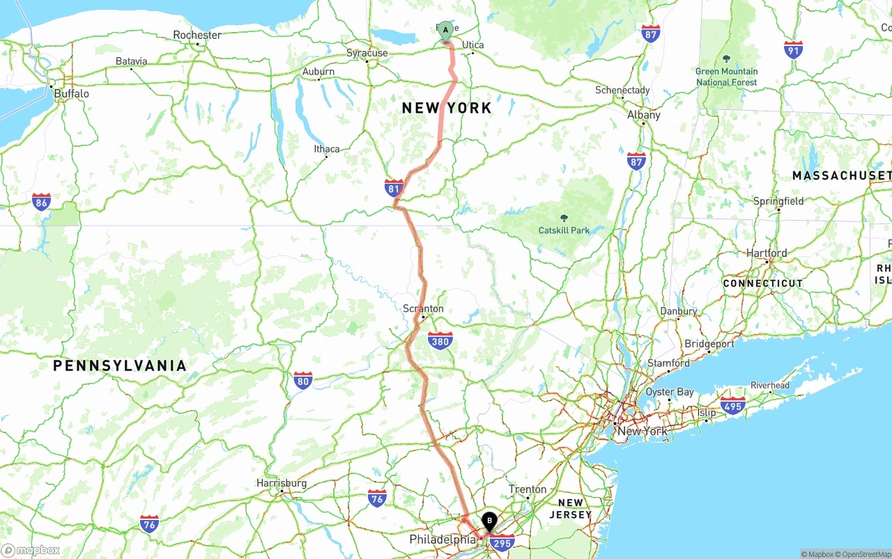 Shipping route from New York to Port of Philadelphia