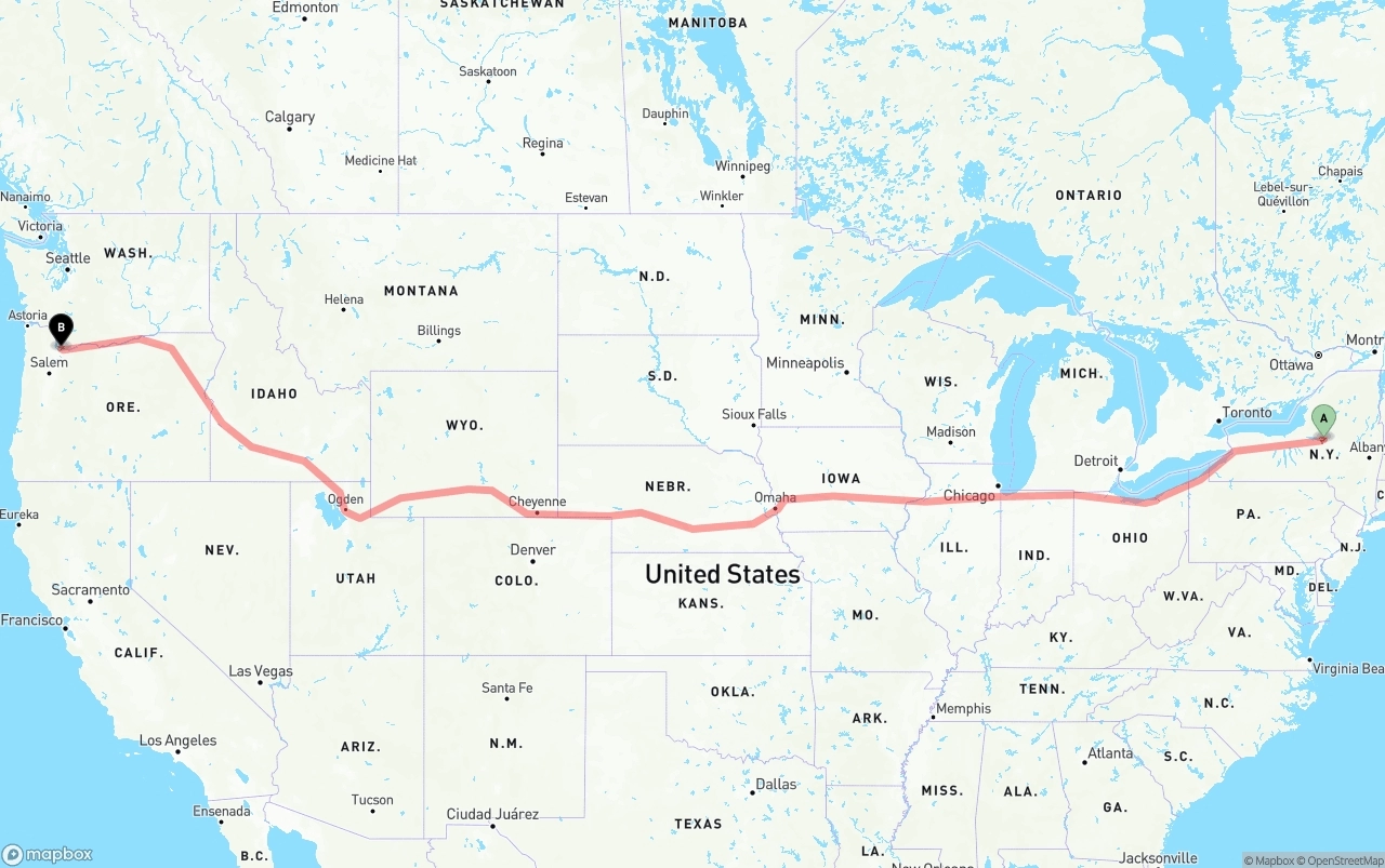 Shipping route from New York to Port of Portland