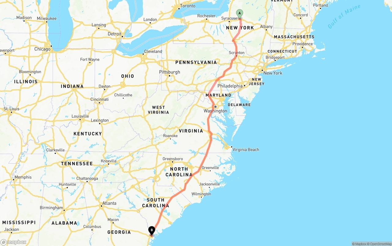 Shipping route from New York to Port of Savannah