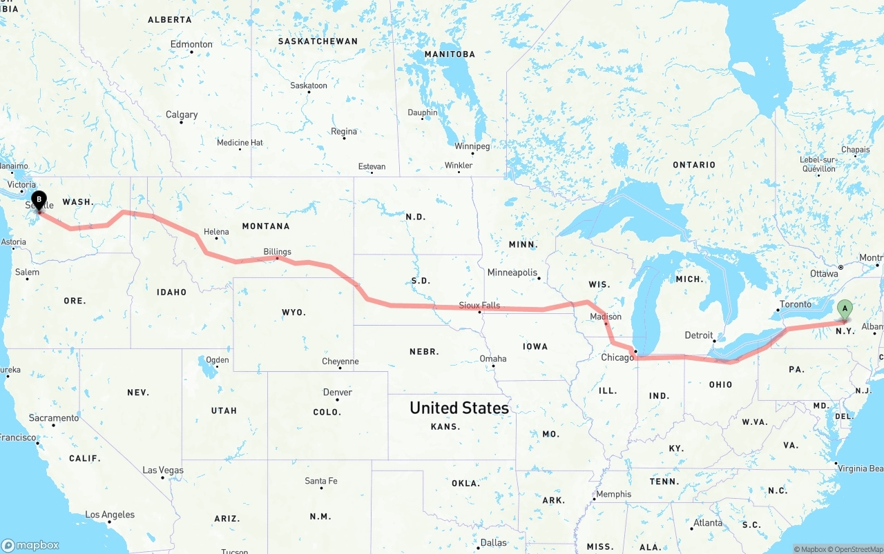 Shipping route from New York to Port of Seattle