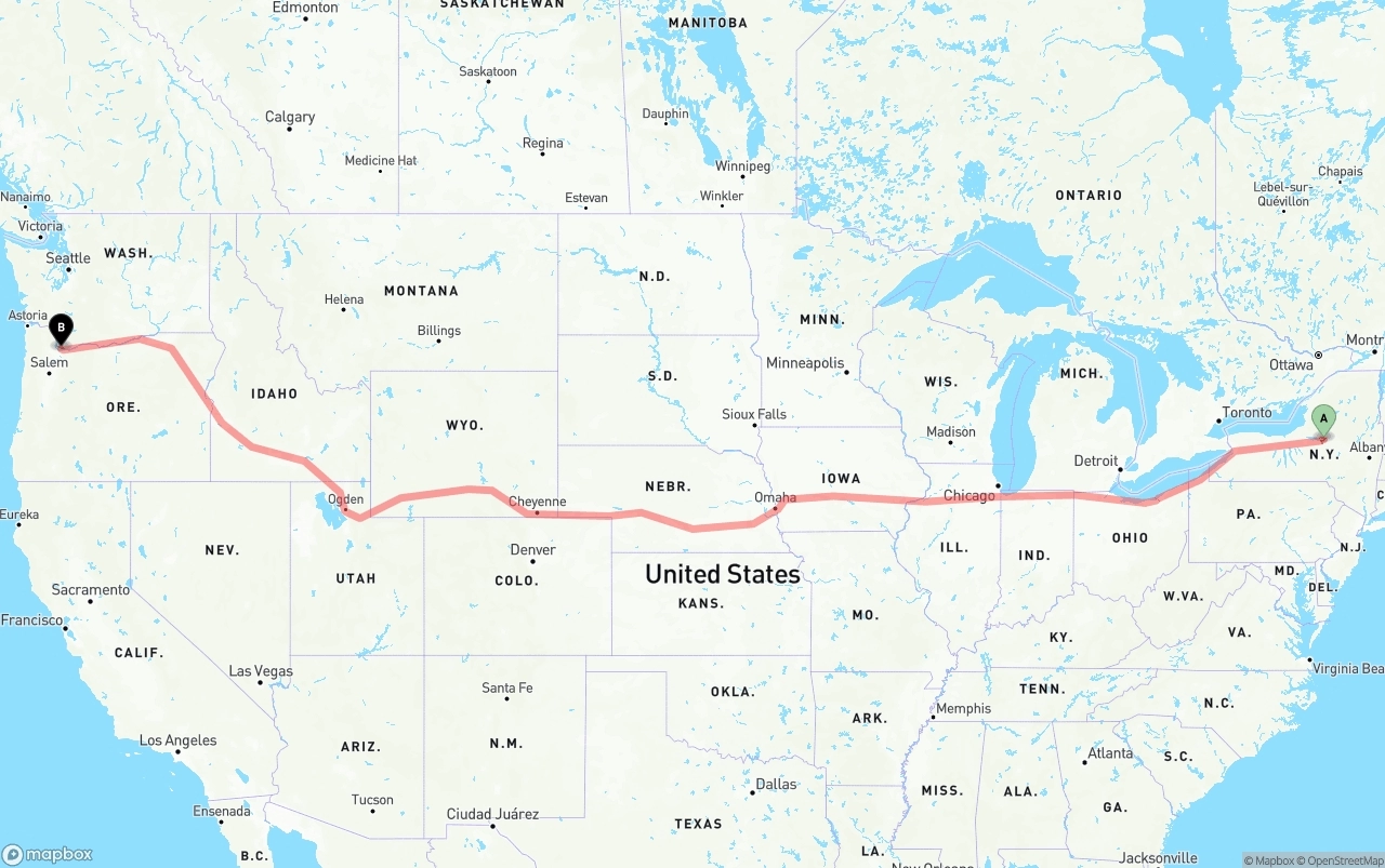 Shipping route from New York to Portland International Airport