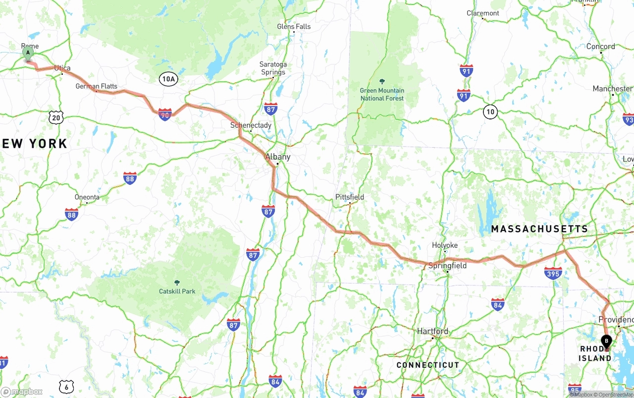 Shipping route from New York to Rhode Island