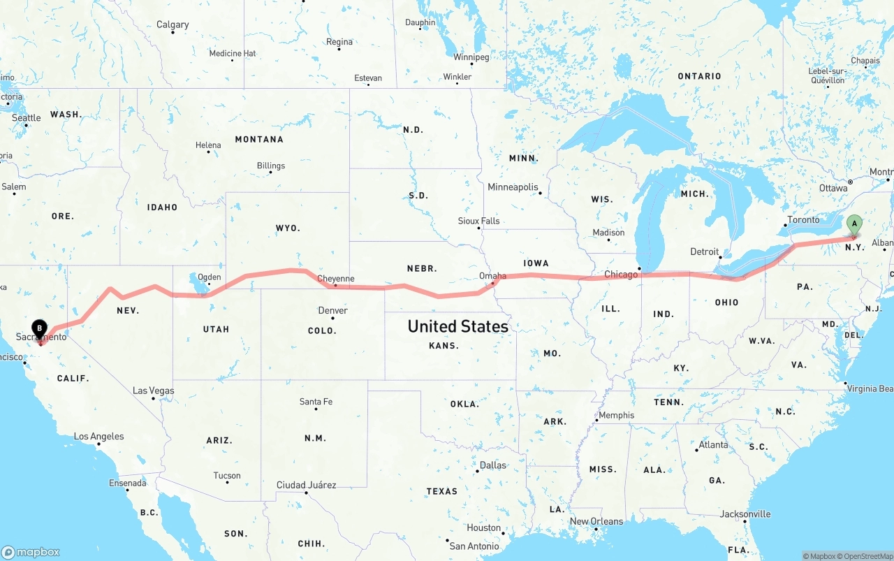 Shipping route from New York to Sacramento International Airport