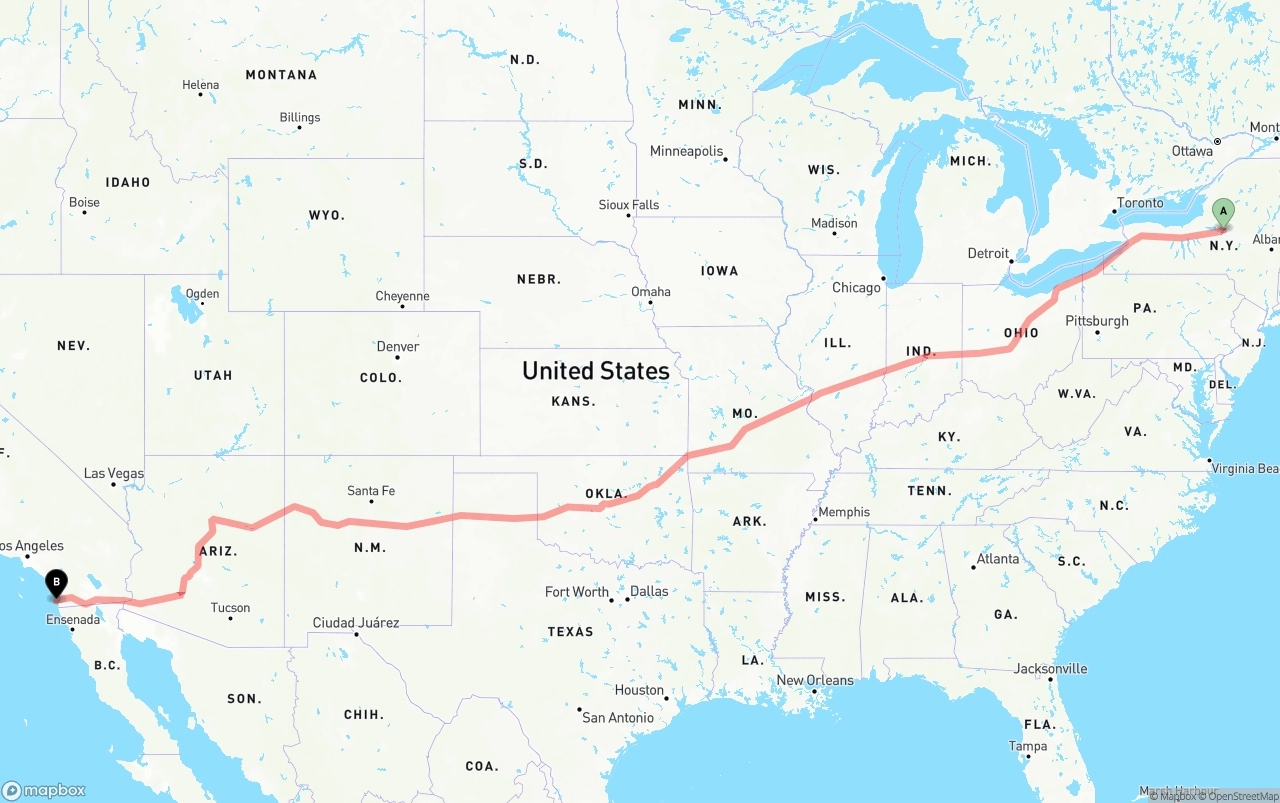 Shipping route from New York to San Diego International Airport