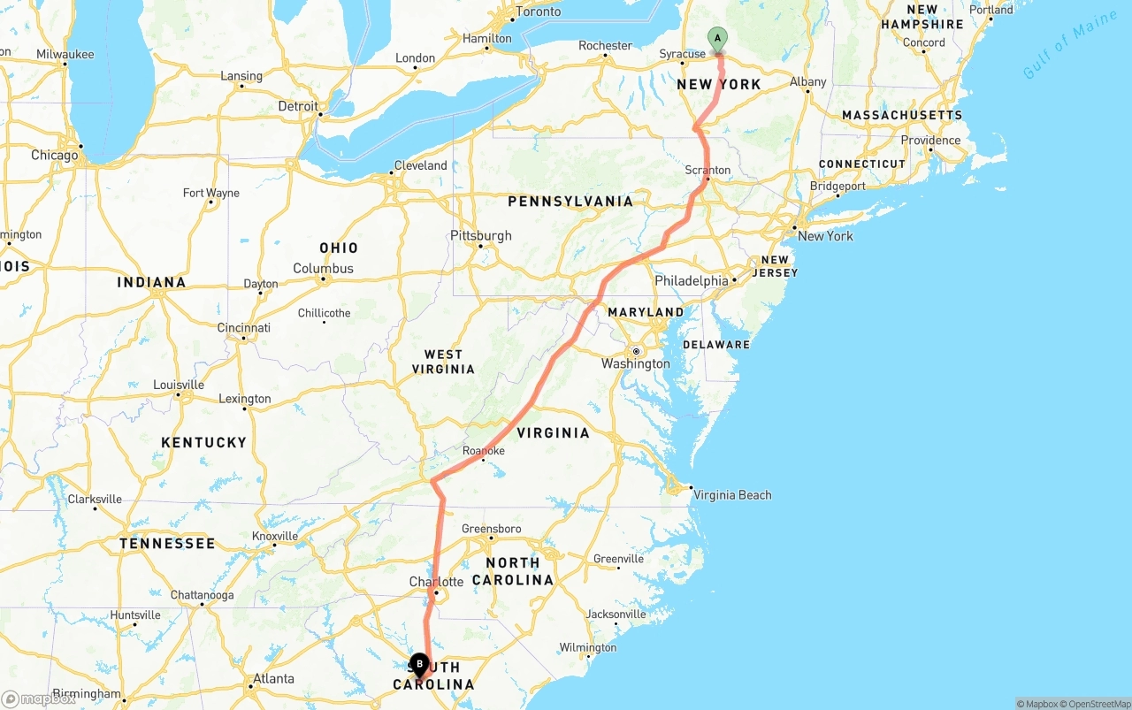 Shipping route from New York to South Carolina