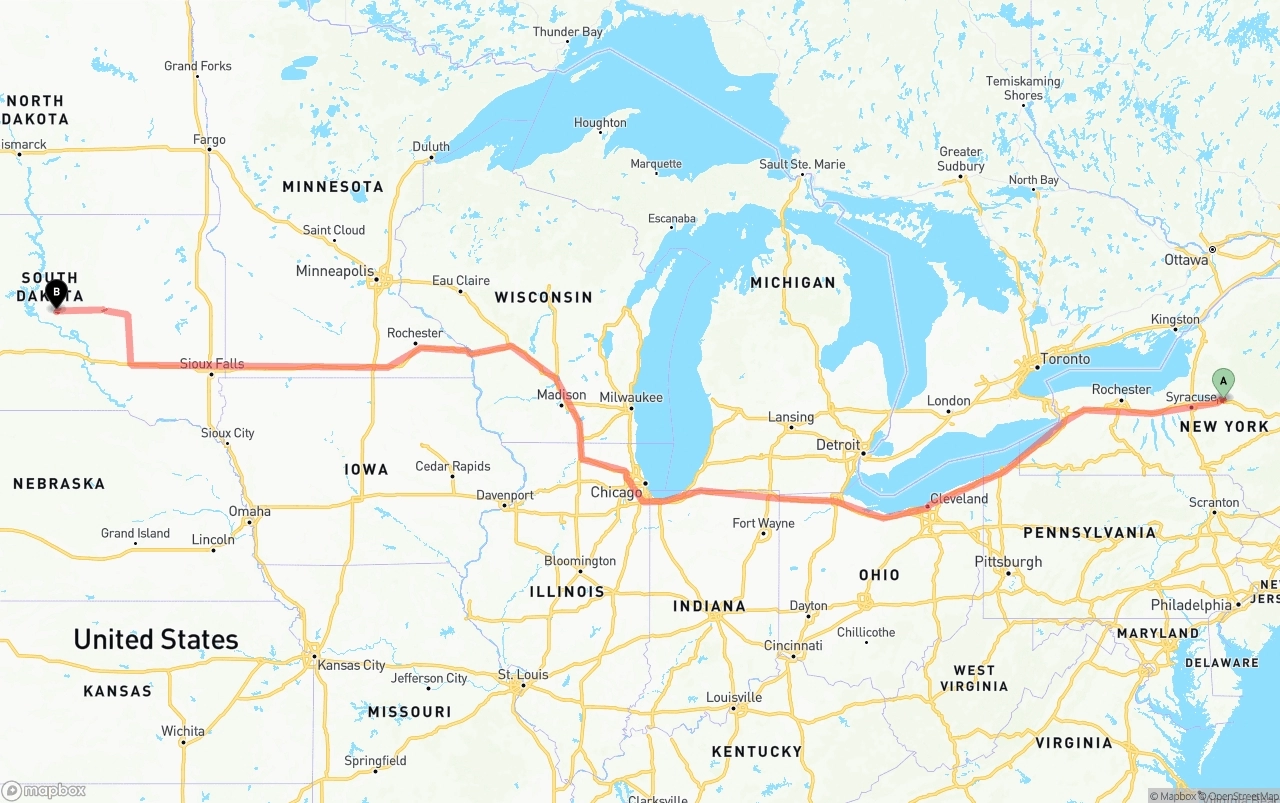 Shipping route from New York to South Dakota