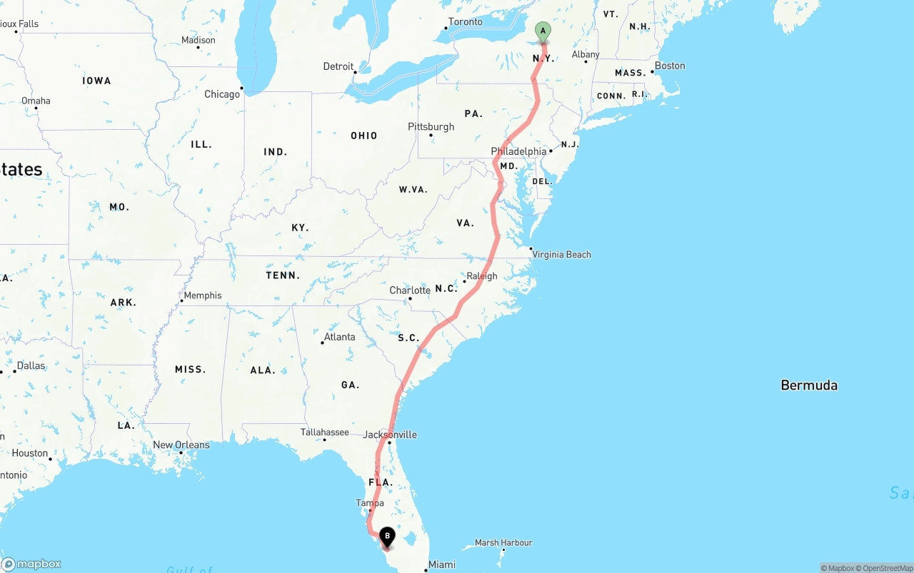 Shipping route from New York to Southwest Florida International Airport