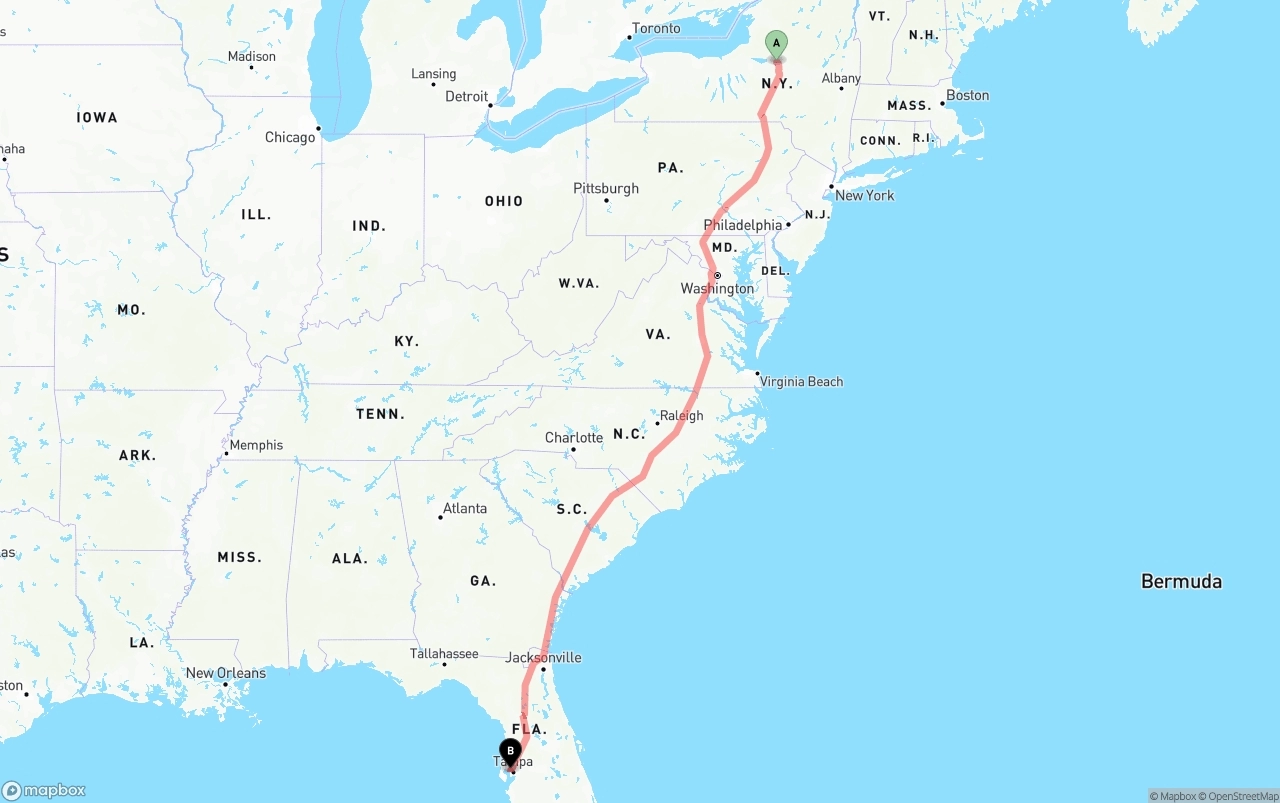 Shipping route from New York to Tampa International Airport