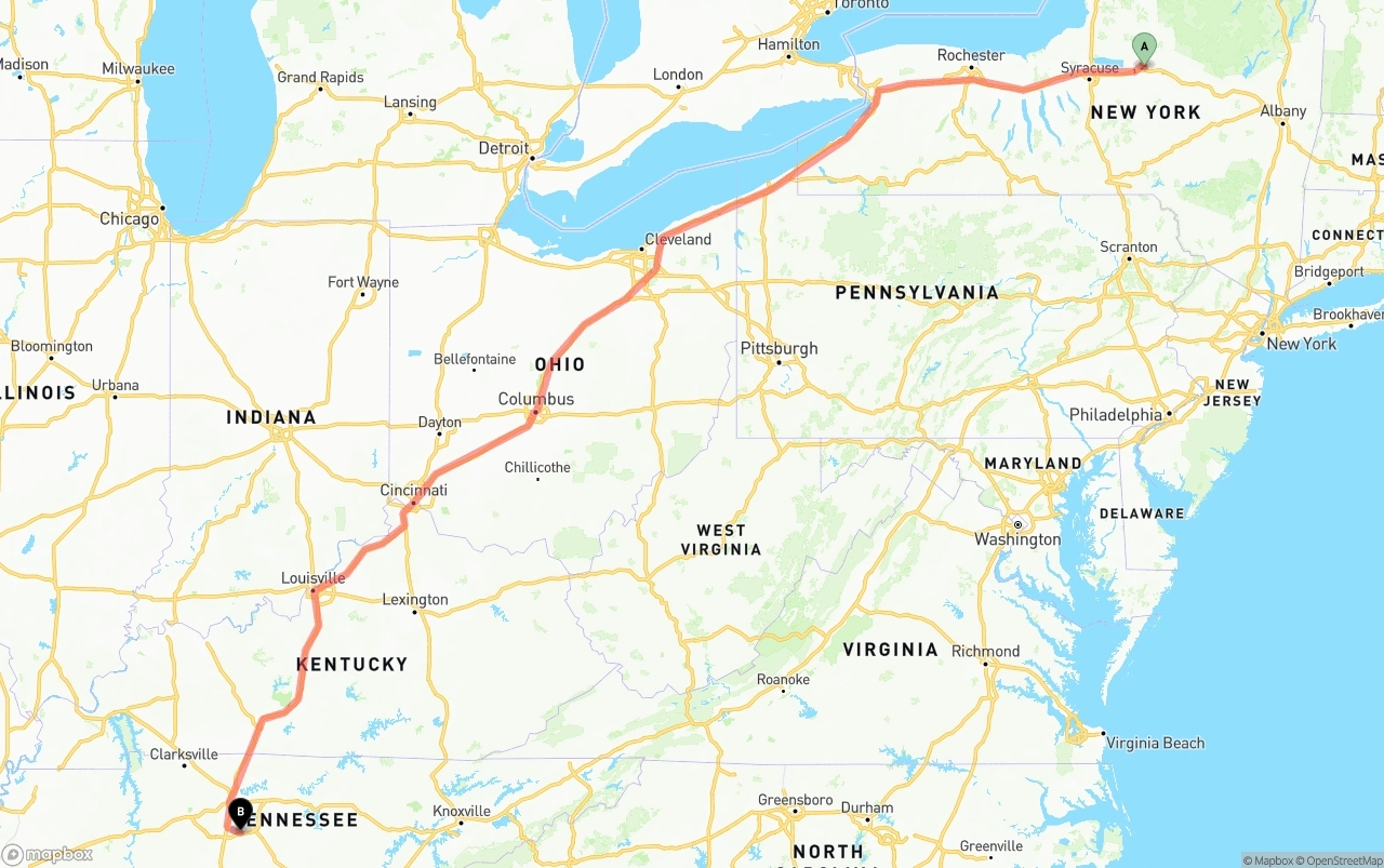 Shipping route from New York to Tennessee