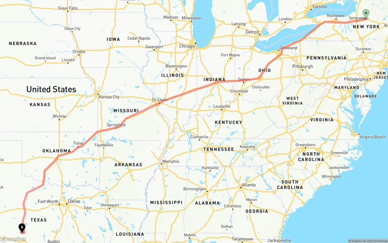 Shipping route from New York to Texas