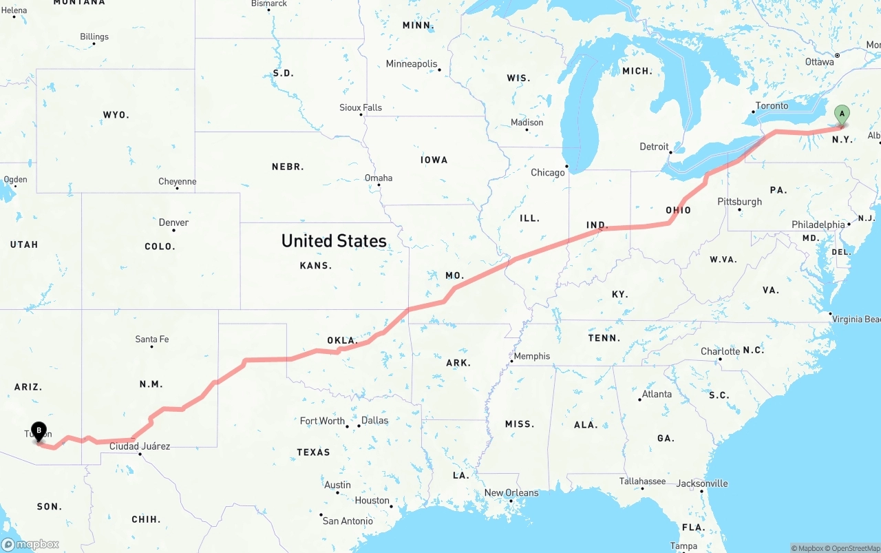 Shipping route from New York to Tucson International Airport