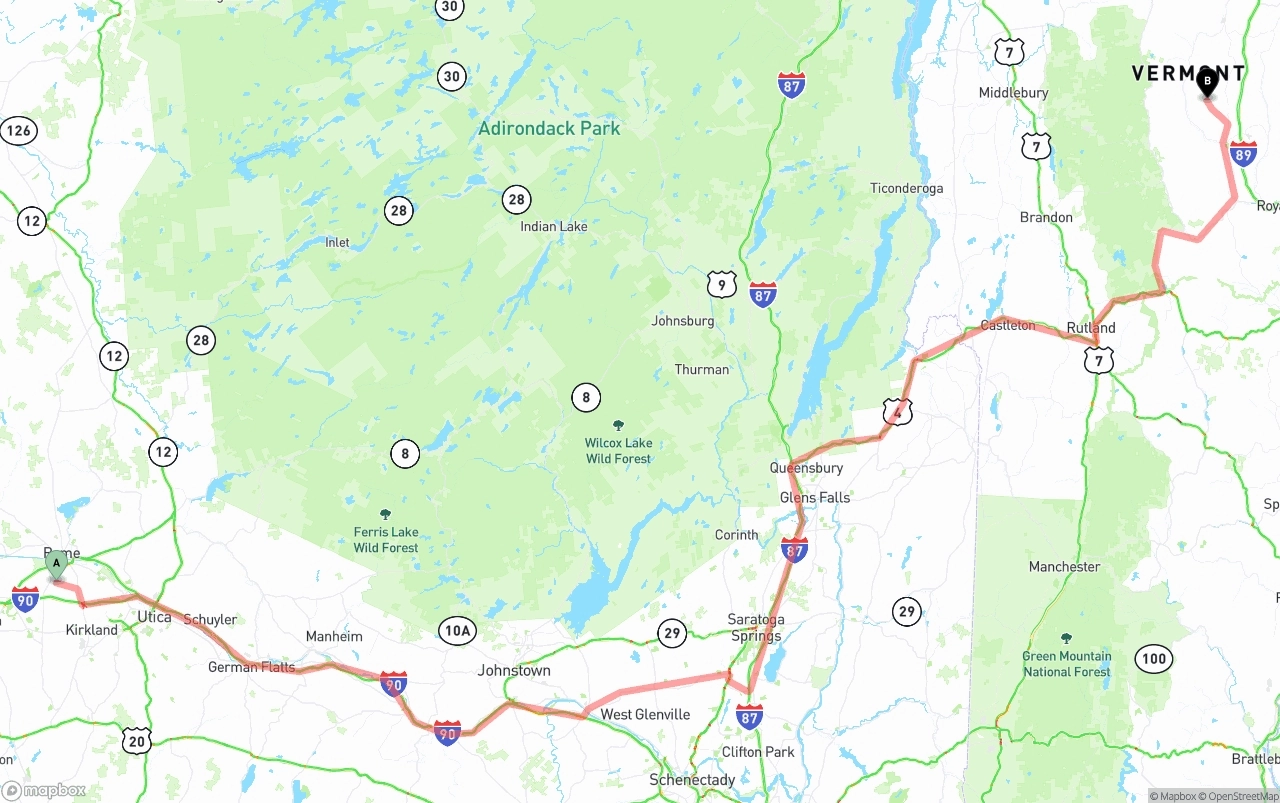 Shipping route from New York to Vermont