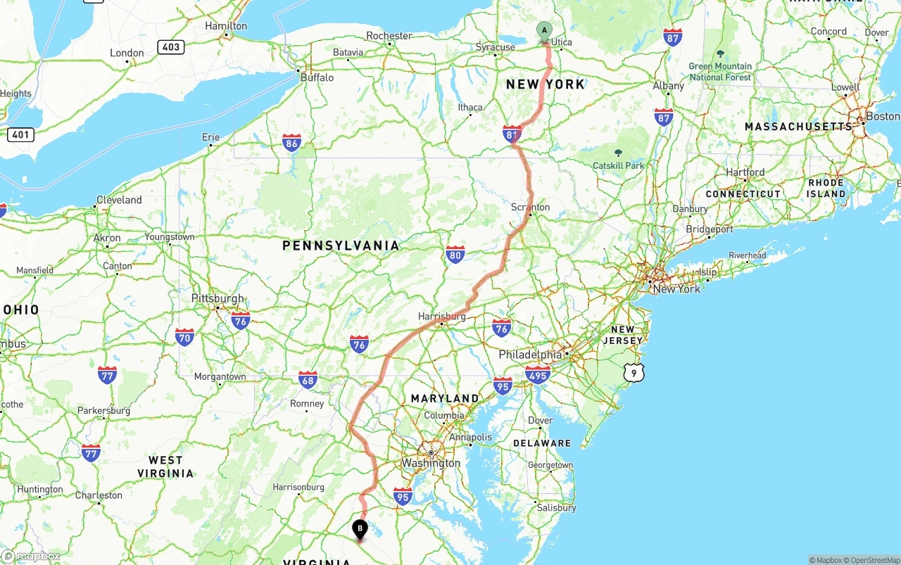 Shipping route from New York to Virginia