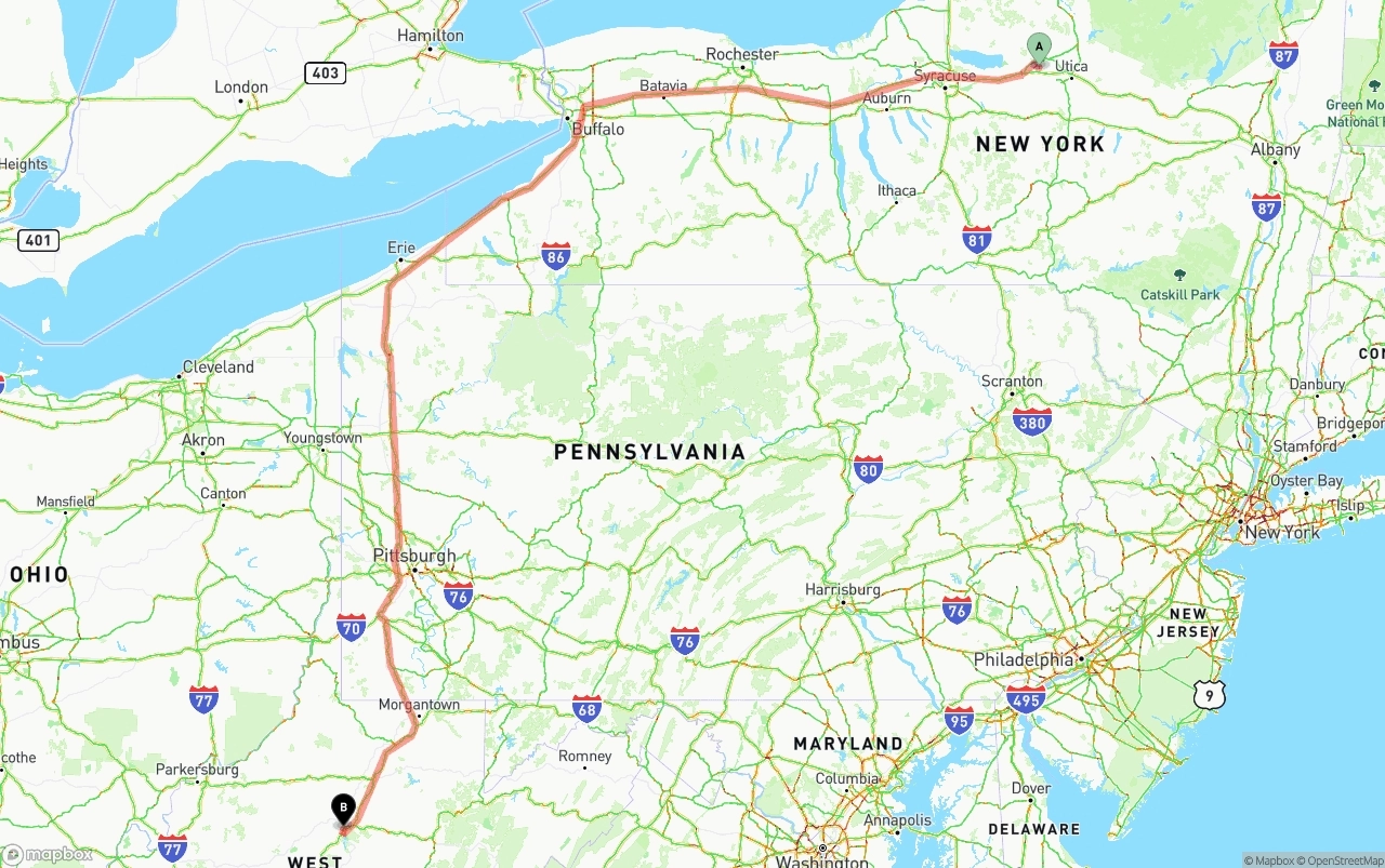 Shipping route from New York to West Virginia