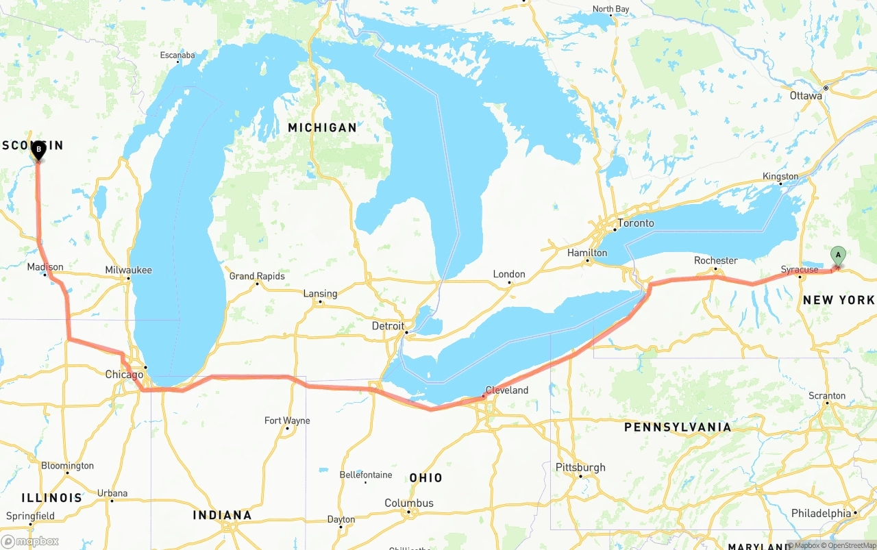 Shipping route from New York to Wisconsin