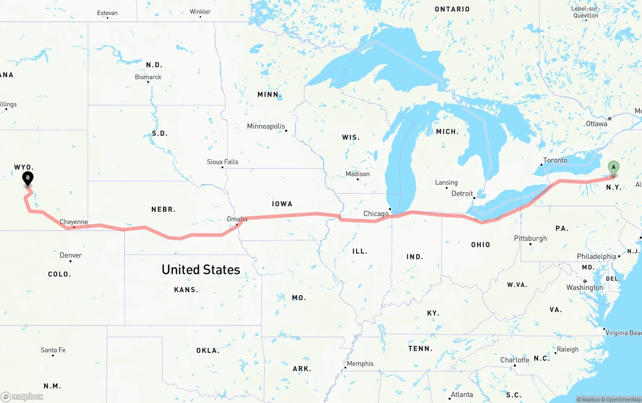 Shipping route from New York to Wyoming