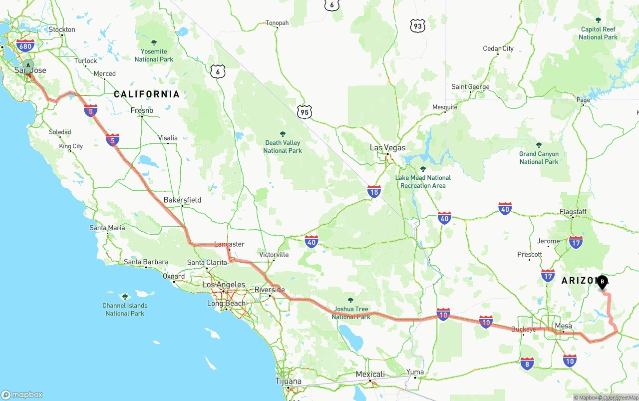Shipping route from Norman Y. Mineta San Jose International Airport to Arizona