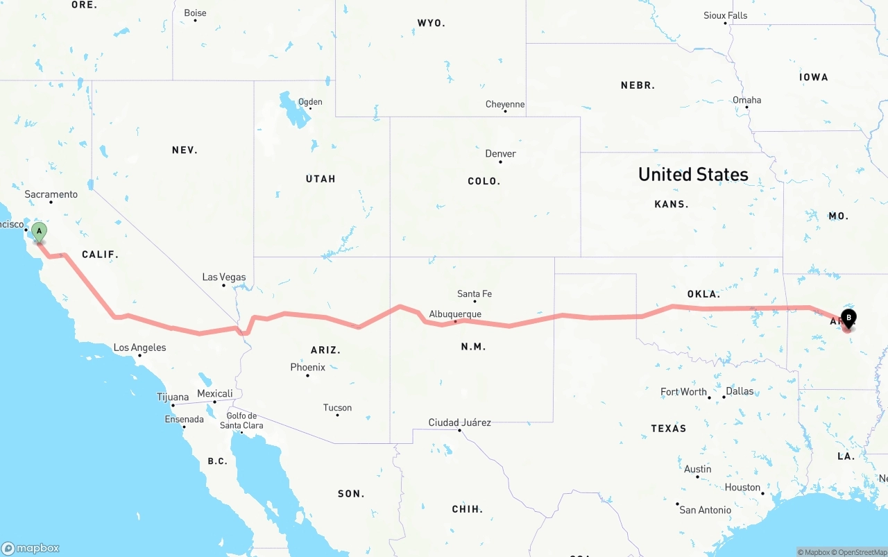 Shipping route from Norman Y. Mineta San Jose International Airport to Arkansas