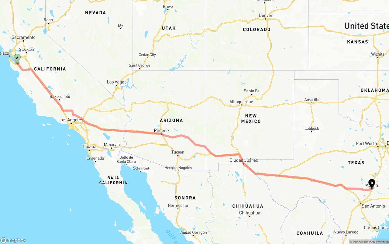 Shipping route from Norman Y. Mineta San Jose International Airport to Austin
