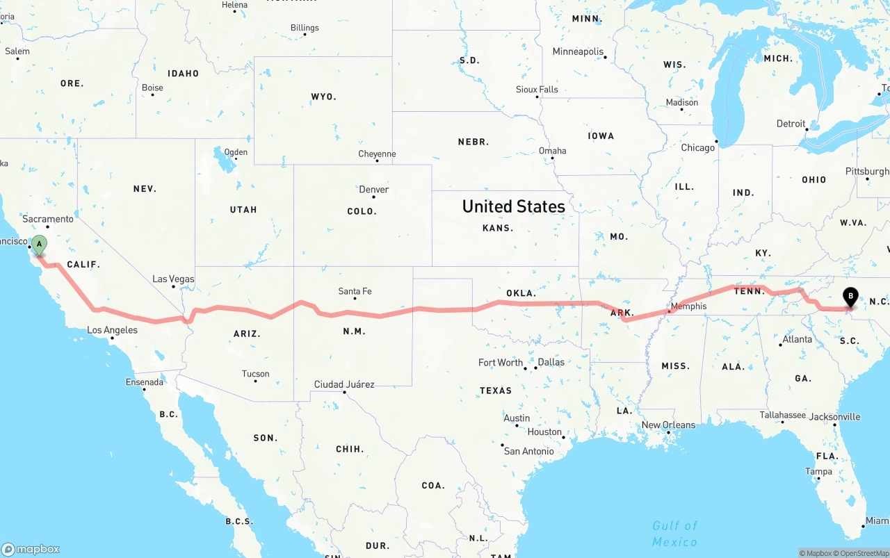 Shipping route from Norman Y. Mineta San Jose International Airport to Charlotte
