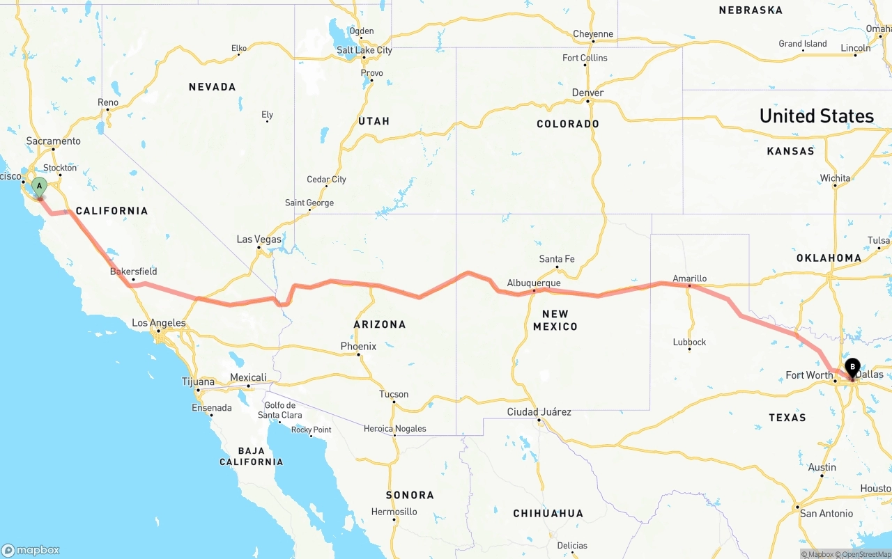 Shipping route from Norman Y. Mineta San Jose International Airport to Dallas