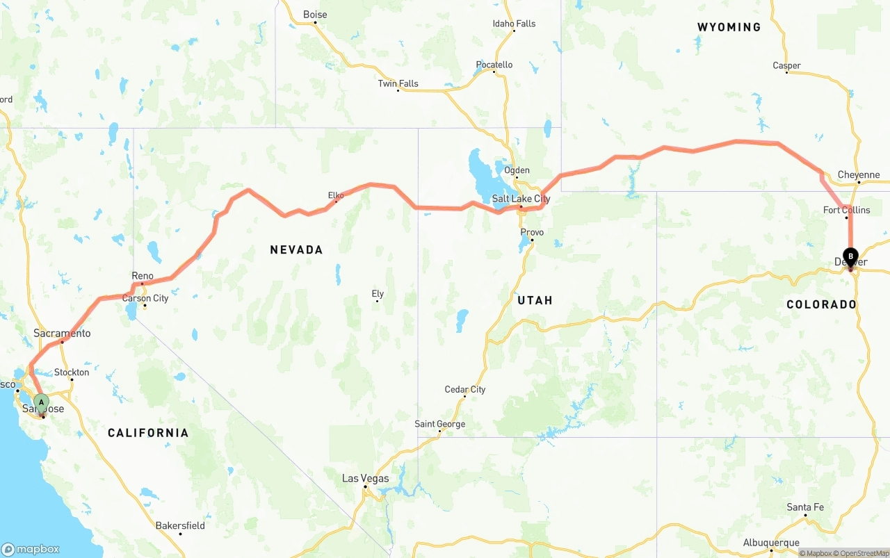 Shipping route from Norman Y. Mineta San Jose International Airport to Denver