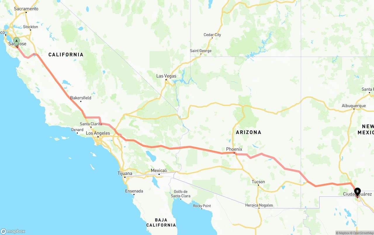 Shipping route from Norman Y. Mineta San Jose International Airport to El Paso