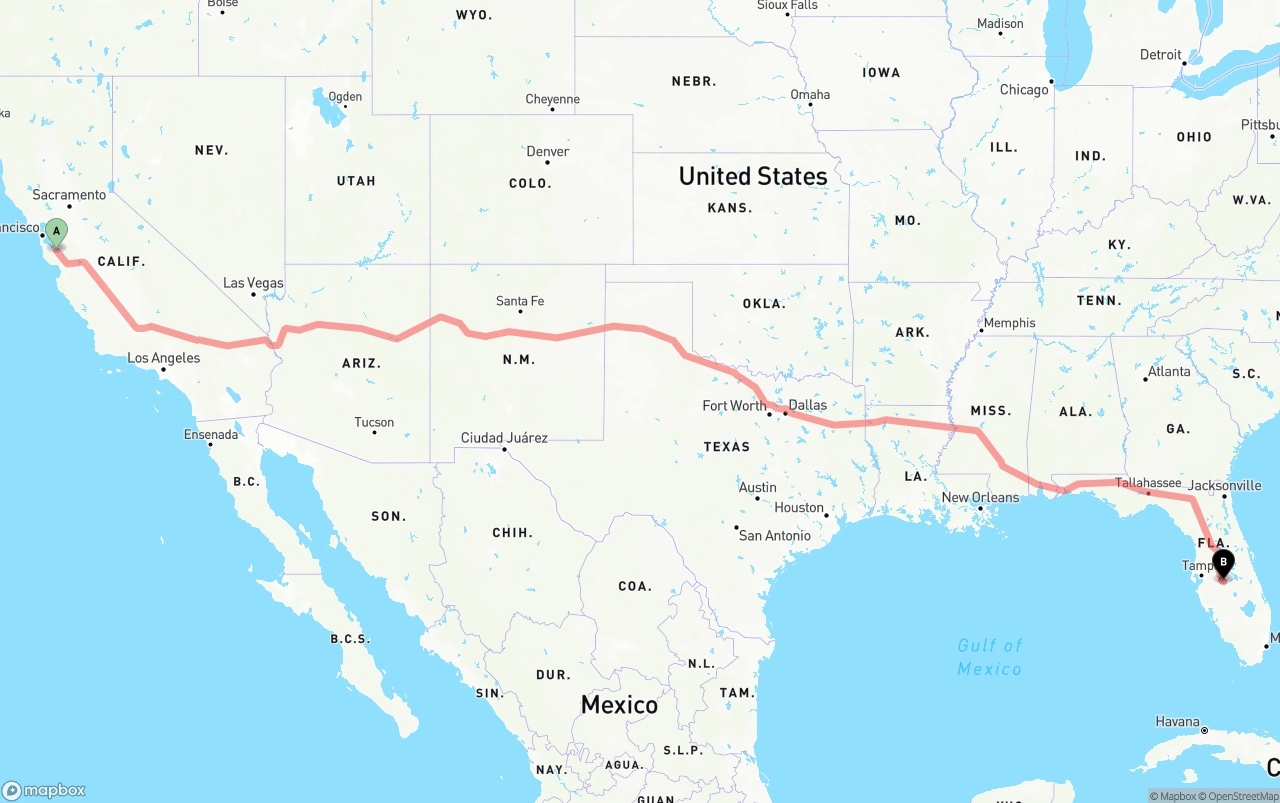 Shipping route from Norman Y. Mineta San Jose International Airport to Florida