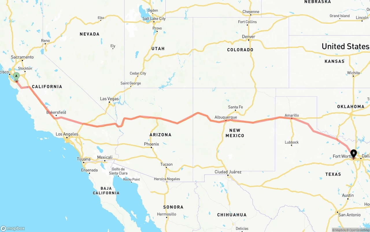 Shipping route from Norman Y. Mineta San Jose International Airport to Fort Worth