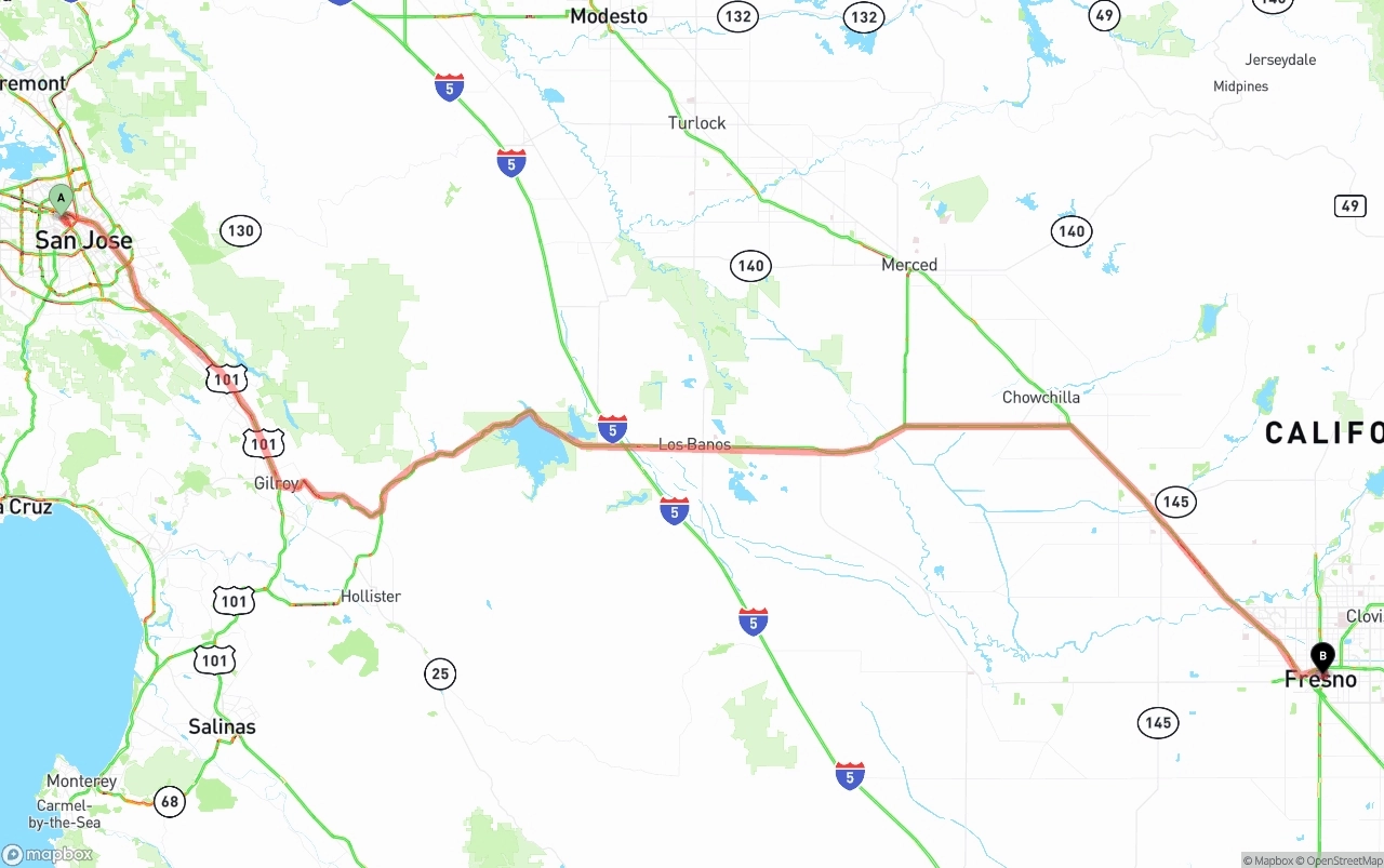 Shipping route from Norman Y. Mineta San Jose International Airport to Fresno