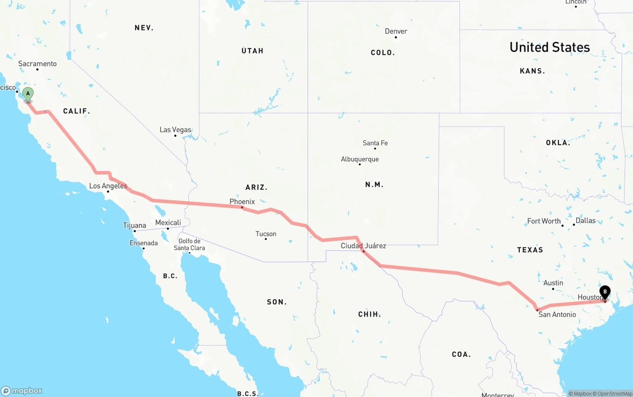 Shipping route from Norman Y. Mineta San Jose International Airport to Houston