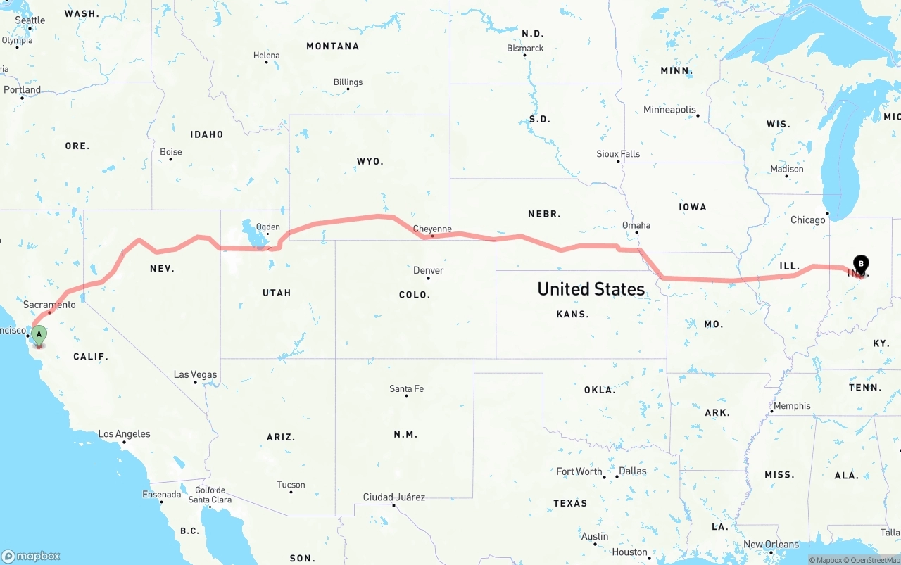 Shipping route from Norman Y. Mineta San Jose International Airport to Indianapolis