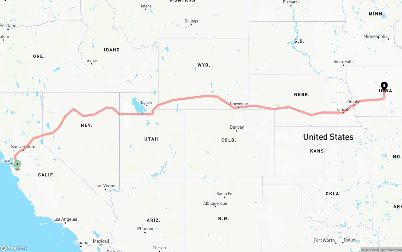Shipping route from Norman Y. Mineta San Jose International Airport to Iowa
