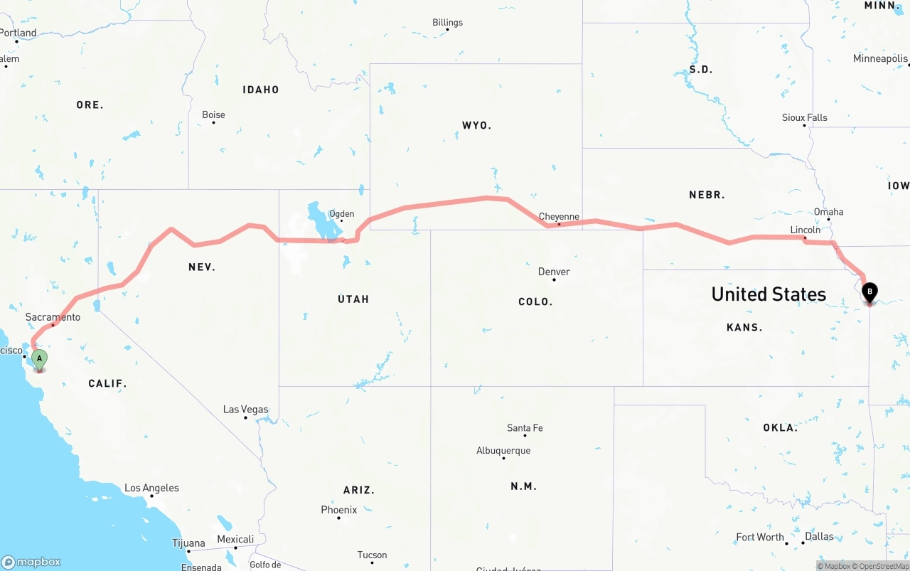 Shipping route from Norman Y. Mineta San Jose International Airport to Kansas City