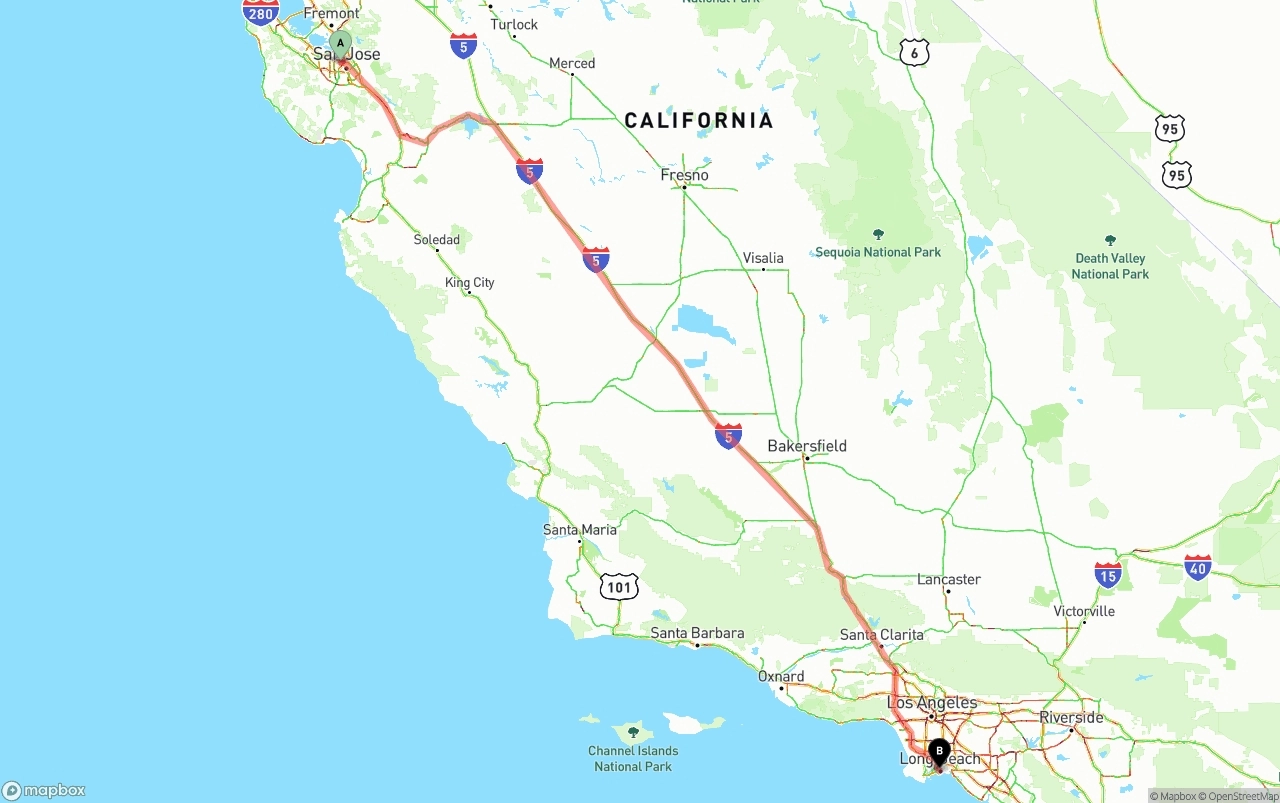 Shipping route from Norman Y. Mineta San Jose International Airport to Long Beach