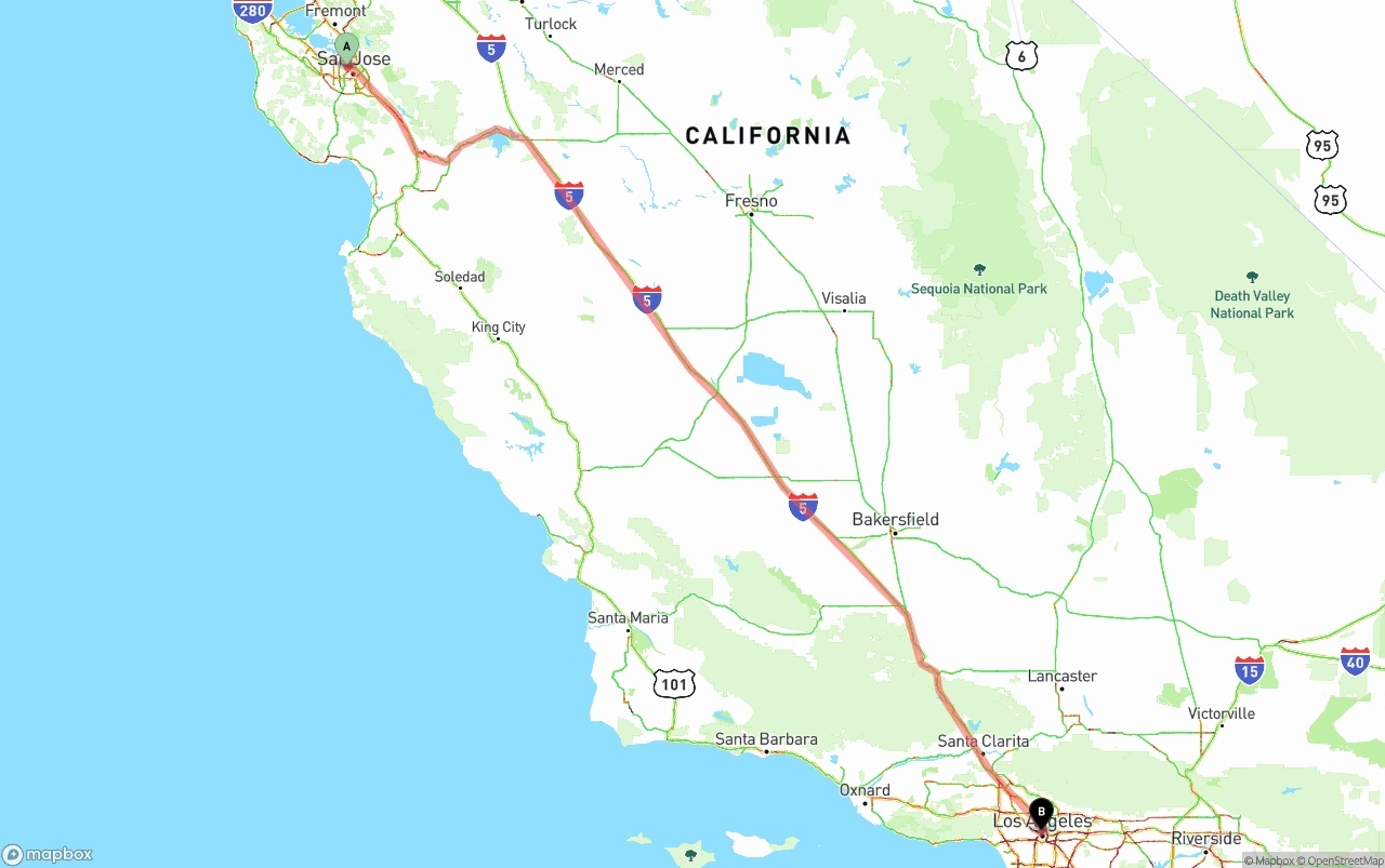 Shipping route from Norman Y. Mineta San Jose International Airport to Los Angeles