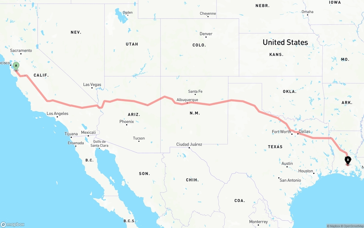 Shipping route from Norman Y. Mineta San Jose International Airport to Louisiana