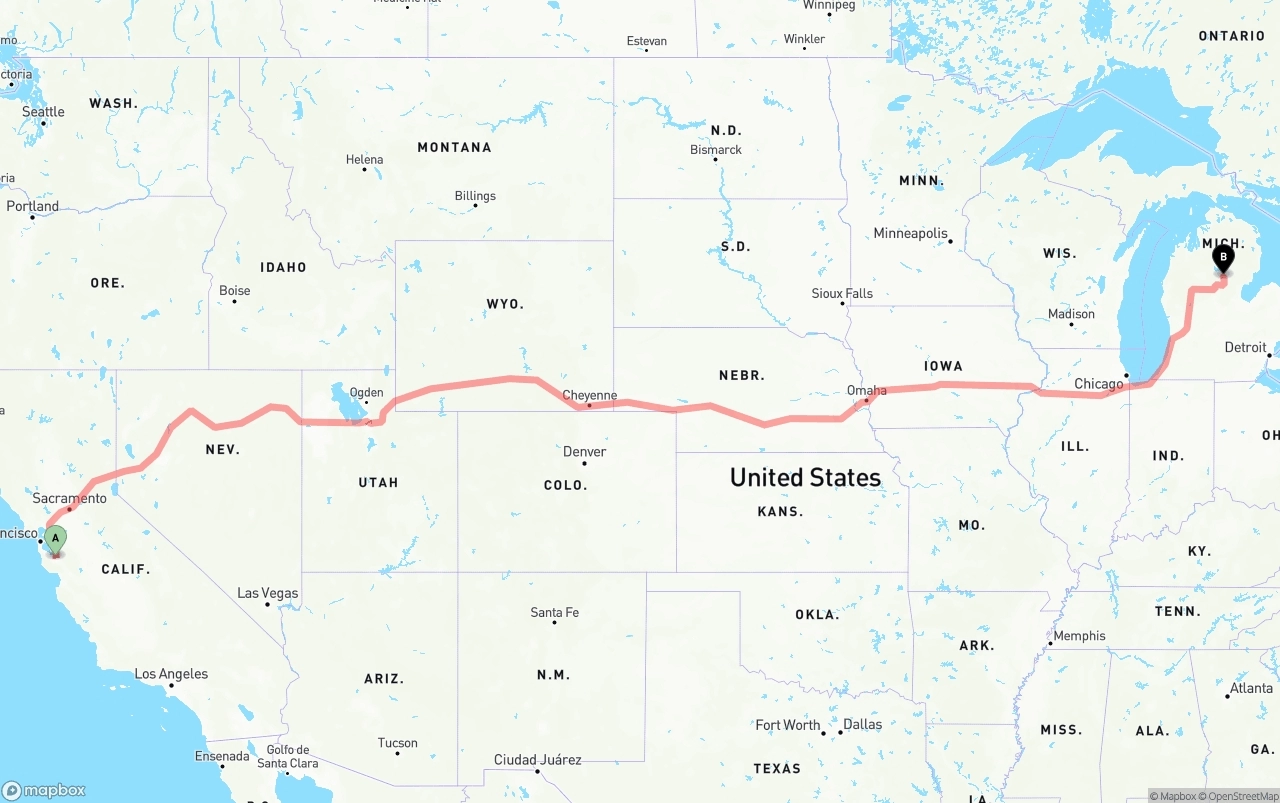 Shipping route from Norman Y. Mineta San Jose International Airport to Michigan