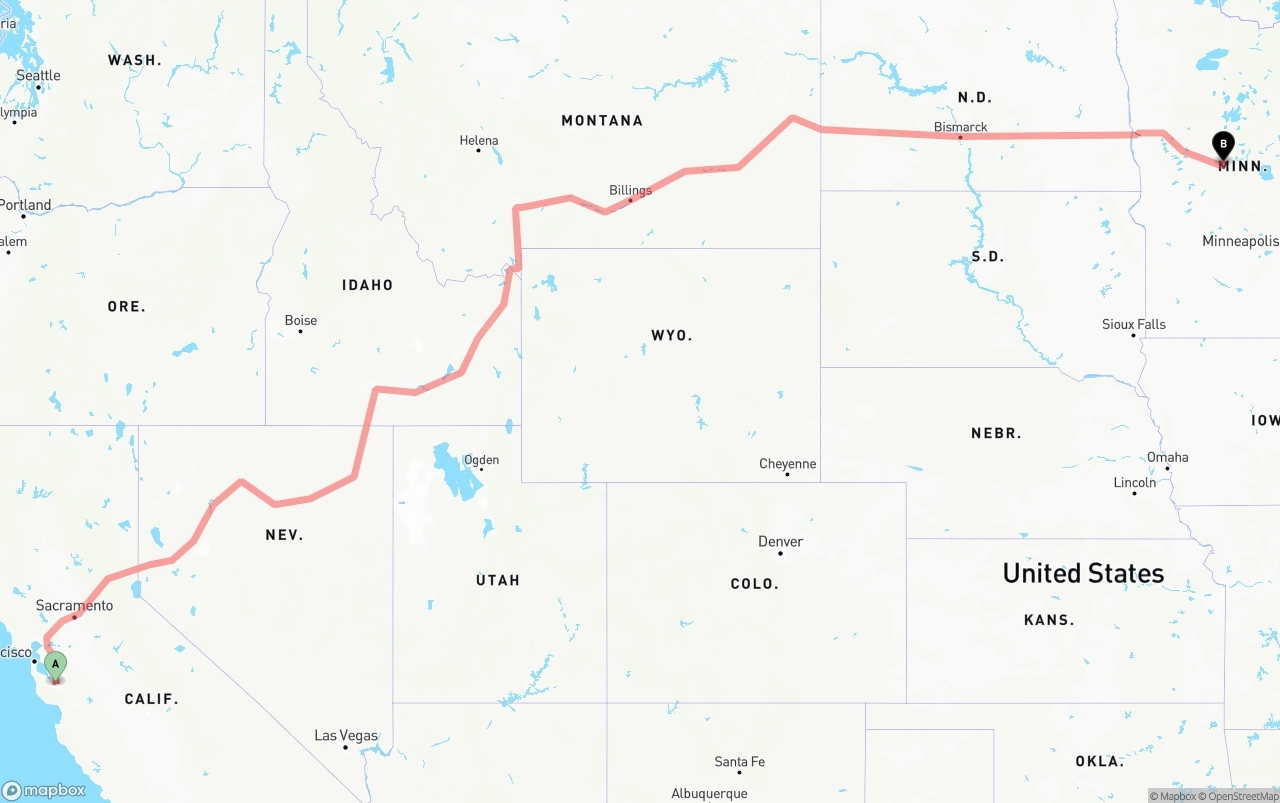 Shipping route from Norman Y. Mineta San Jose International Airport to Minnesota