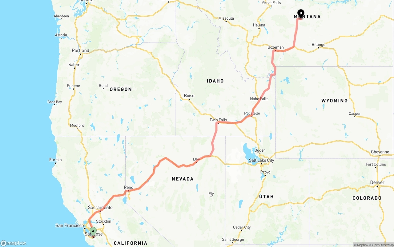 Shipping route from Norman Y. Mineta San Jose International Airport to Montana