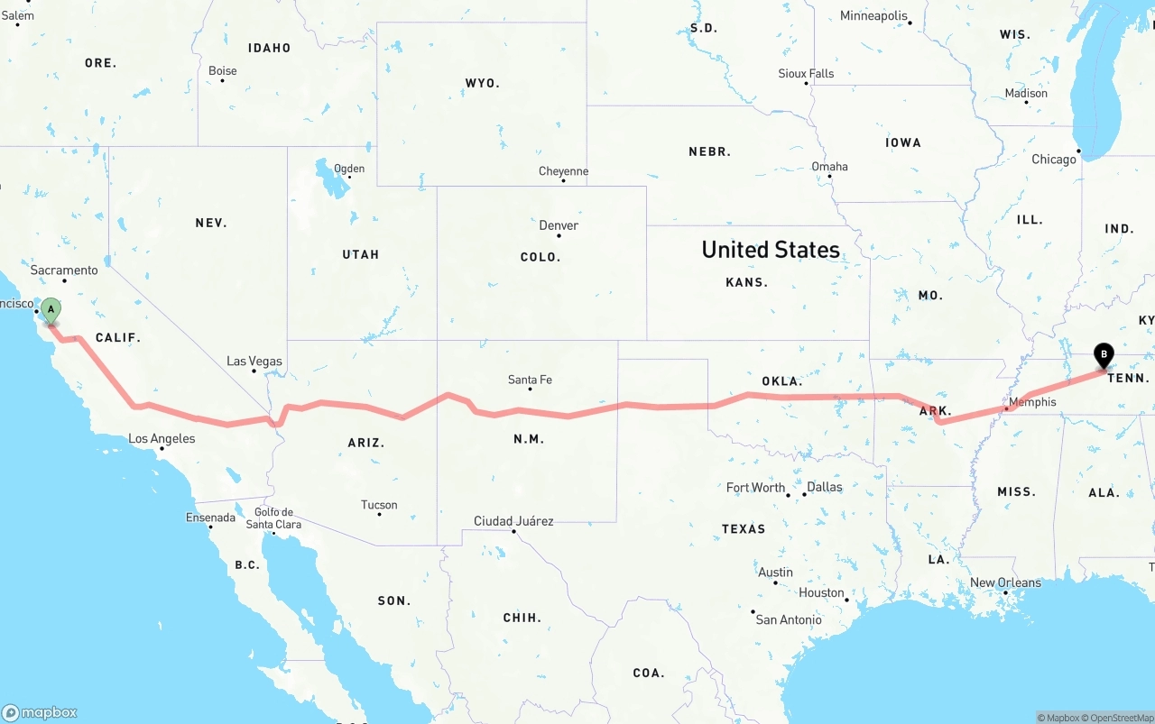 Shipping route from Norman Y. Mineta San Jose International Airport to Nashville