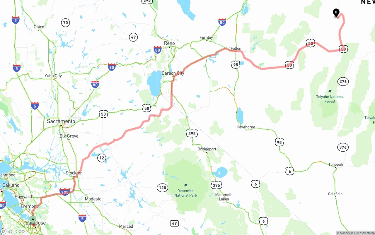 Shipping route from Norman Y. Mineta San Jose International Airport to Nevada