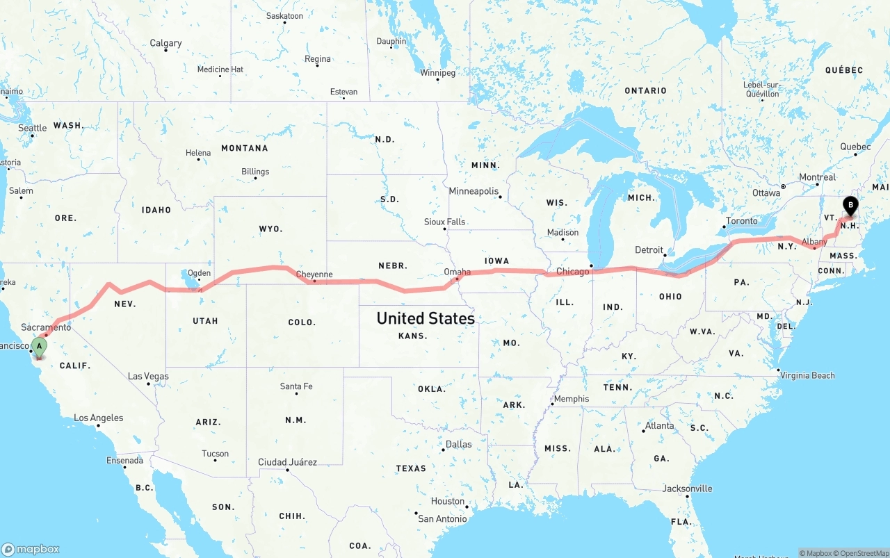 Shipping route from Norman Y. Mineta San Jose International Airport to New Hampshire