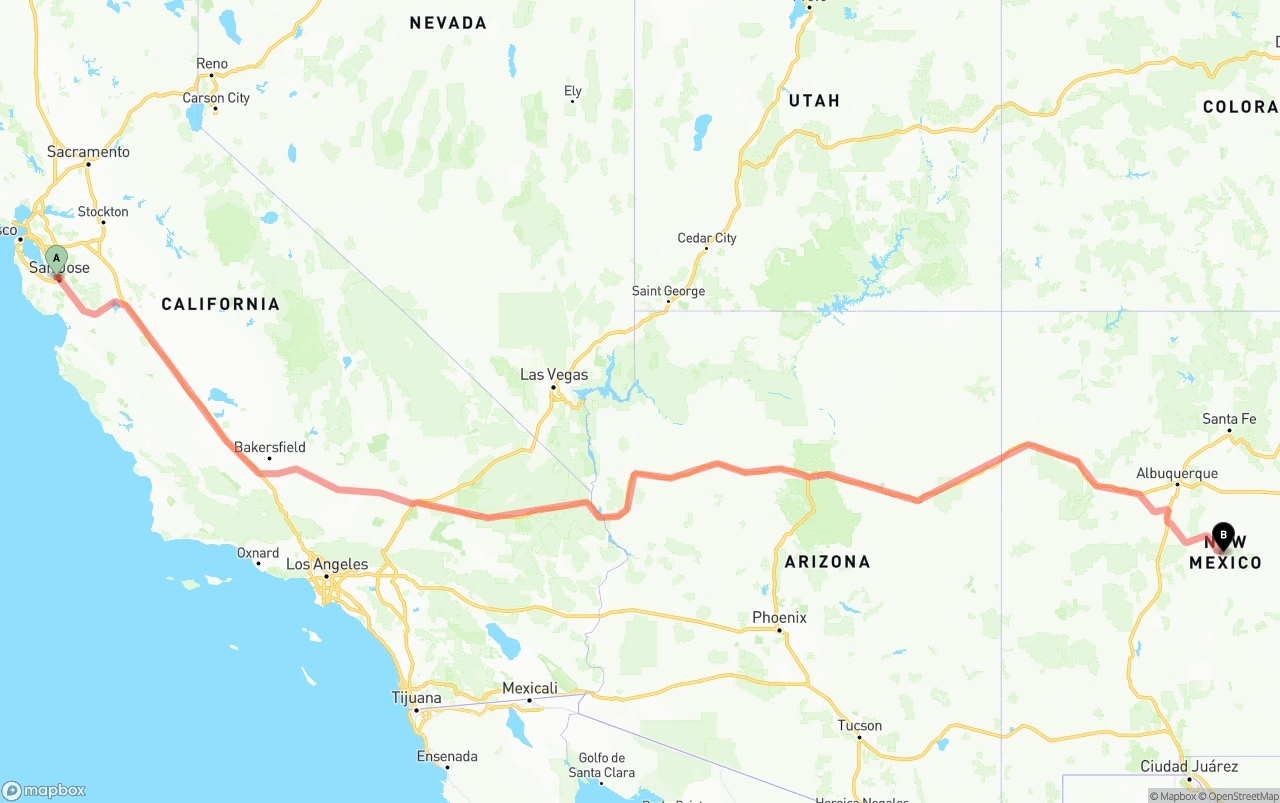 Shipping route from Norman Y. Mineta San Jose International Airport to New Mexico