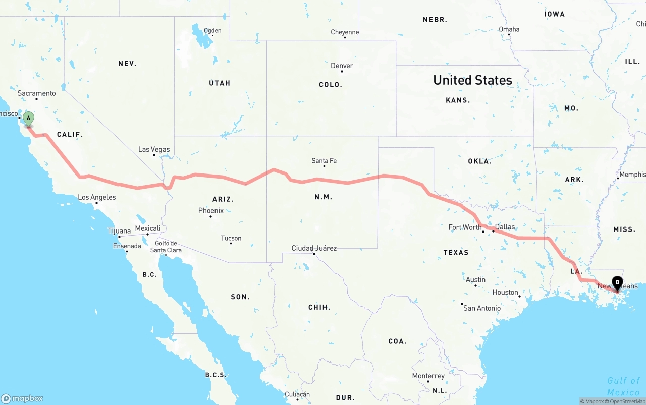 Shipping route from Norman Y. Mineta San Jose International Airport to New Orleans