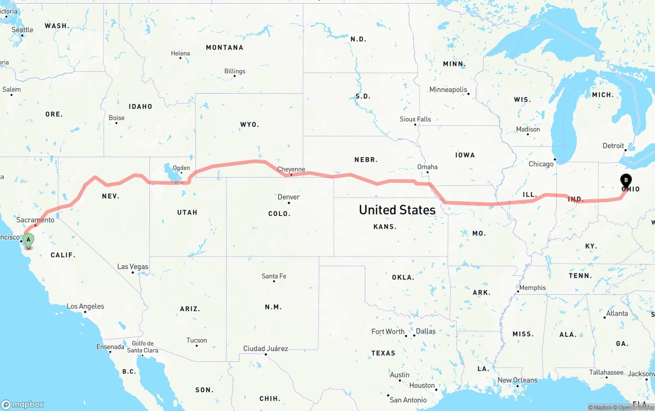 Shipping route from Norman Y. Mineta San Jose International Airport to Ohio