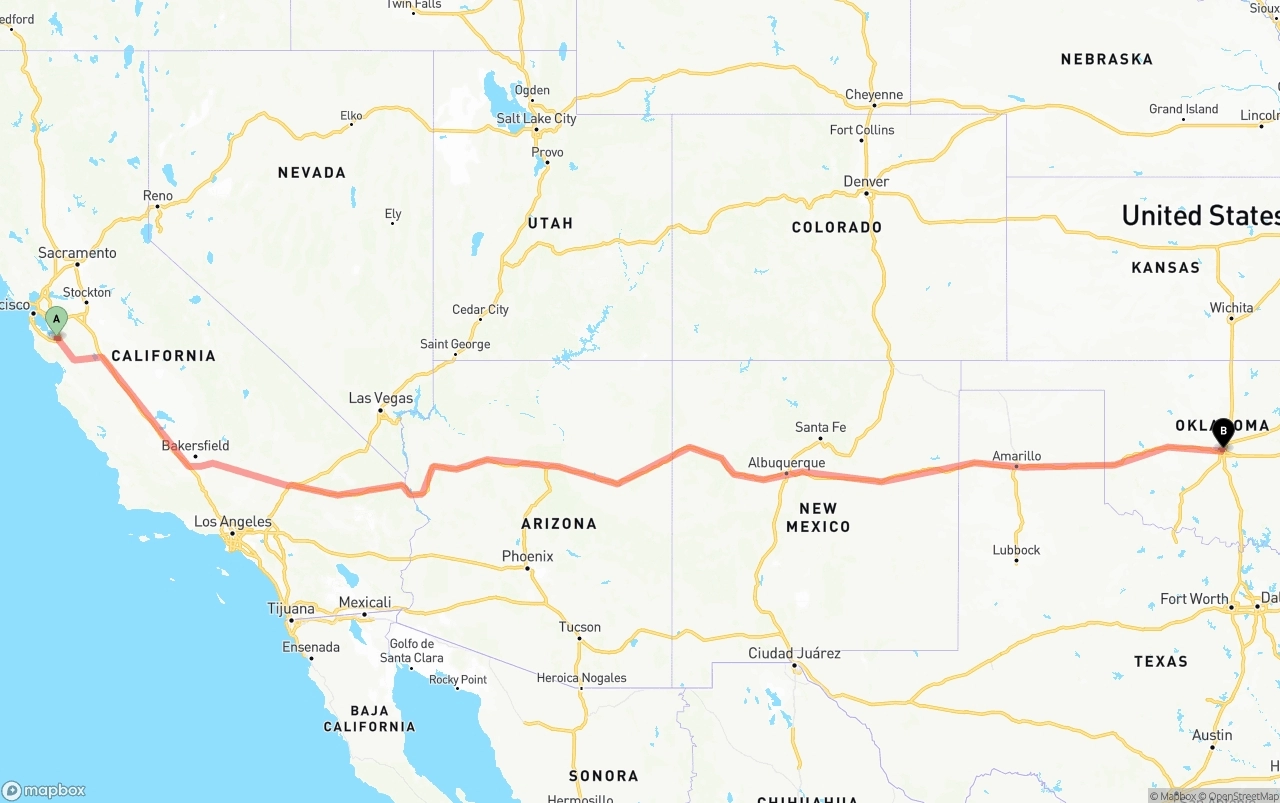 Shipping route from Norman Y. Mineta San Jose International Airport to Oklahoma City