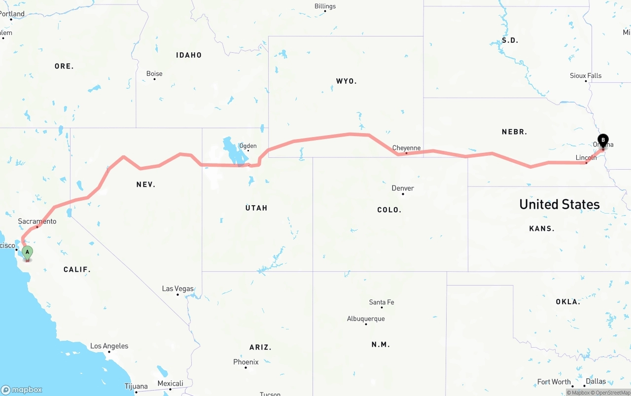 Shipping route from Norman Y. Mineta San Jose International Airport to Omaha