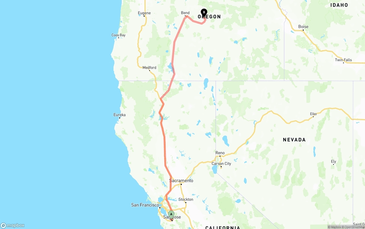 Shipping route from Norman Y. Mineta San Jose International Airport to Oregon
