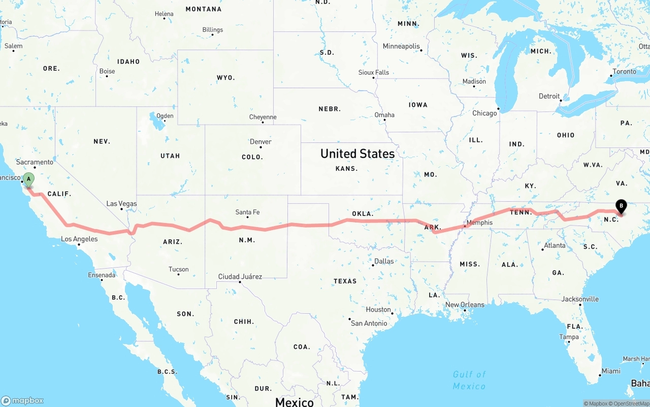 Shipping route from Norman Y. Mineta San Jose International Airport to Raleigh